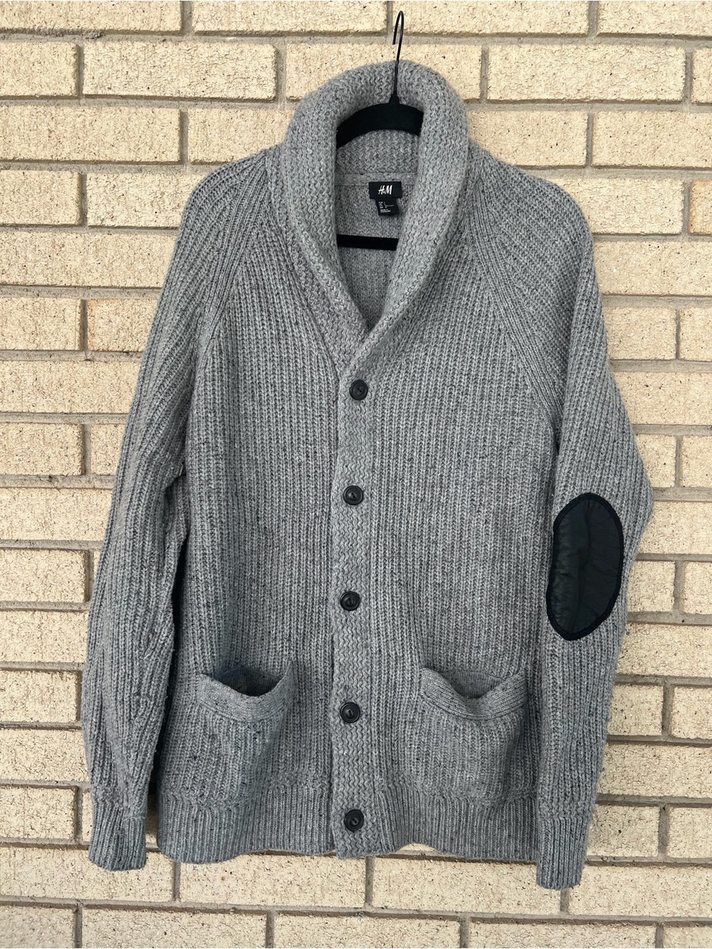 H&M Men’s Gray Shawl Collar Cardigan with Black Elbow Patches